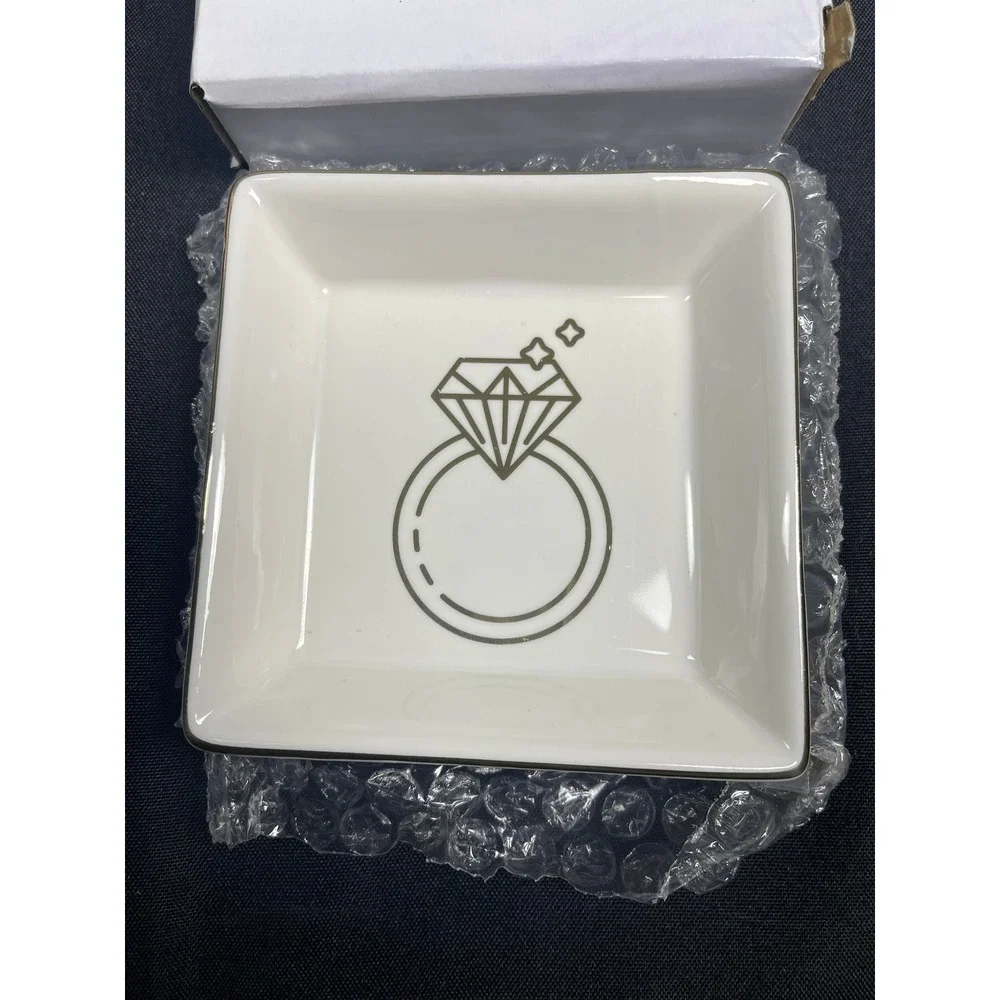 White Ceramic Diamond Ring Trinket Dish Gold Rim Square Jewelry Tray w/ Gift Box